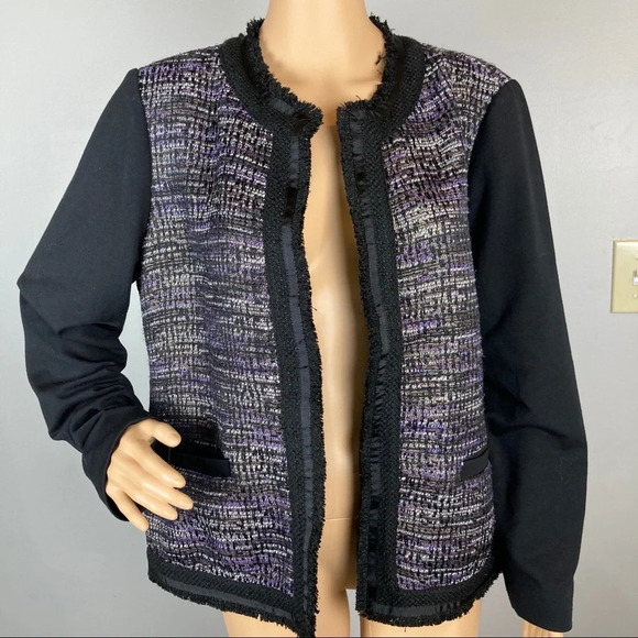 Chico's Open Front Blazer Jacket Size 2 (Large) Metallic gold accents, Fringe. - Picture 2 of 9